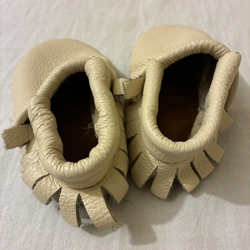 Cream Leather Baby Moccasins Fringe Soft Sole Infant Booties 4.5 Inch Outsole